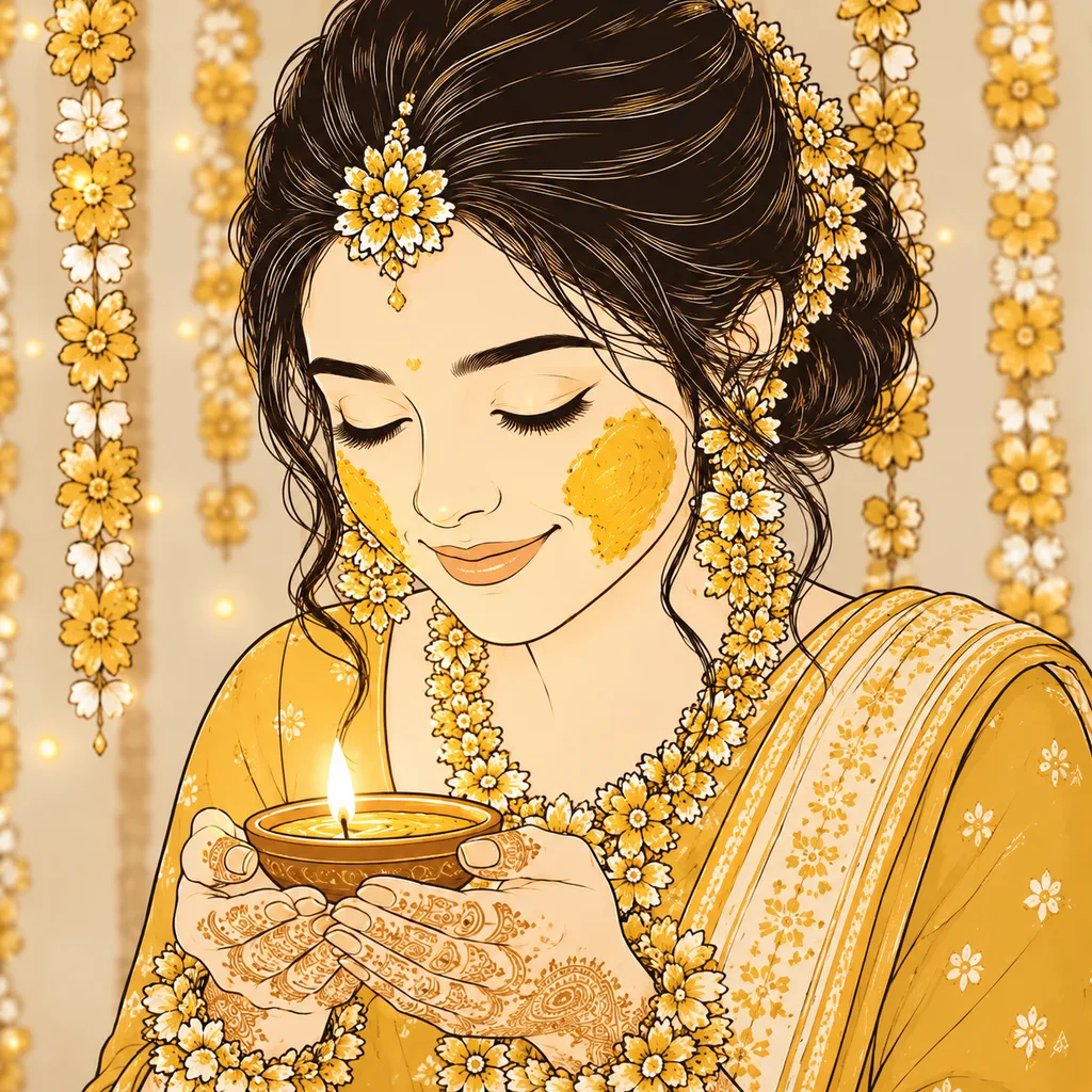 The Candle/Diya Shot: gaye holud pose illustration by ChitroKuthir Weddings
