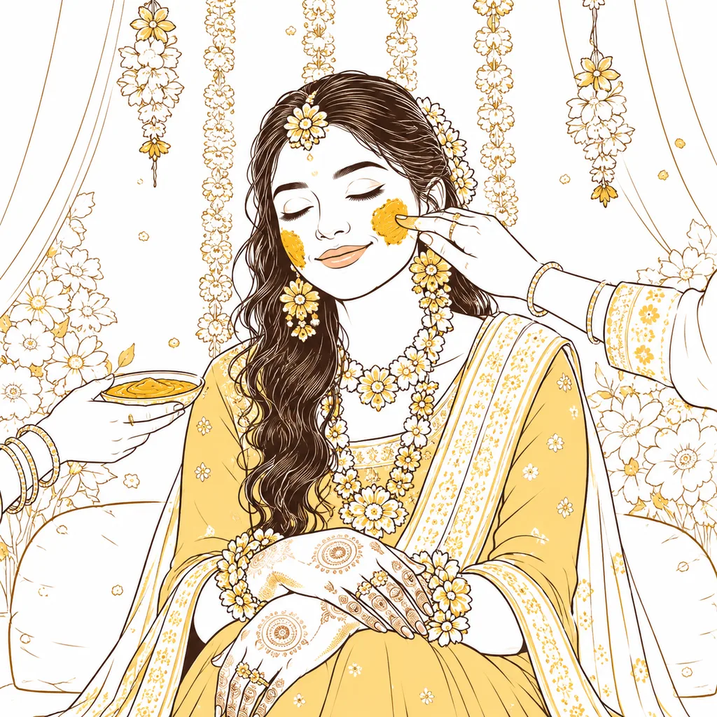 Eyes Closed, Smile: gaye holud pose illustration by ChitroKuthir Weddings