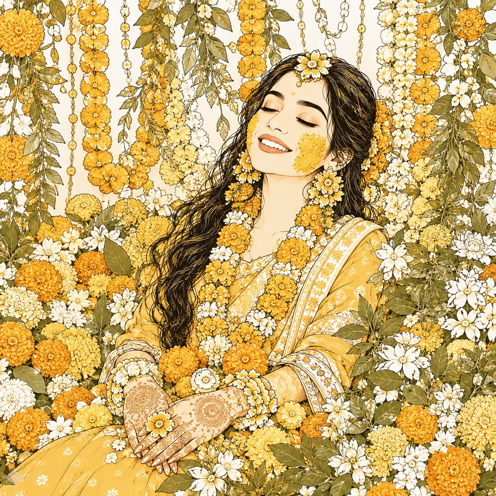 Floral Surrounded: gaye holud pose illustration by ChitroKuthir Weddings