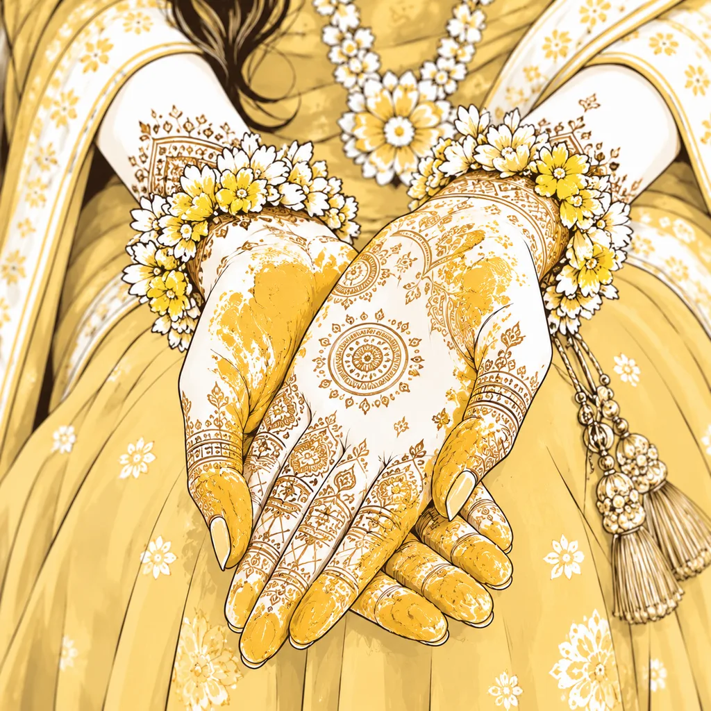 Hands Together Close-up: gaye holud pose illustration by ChitroKuthir Weddings