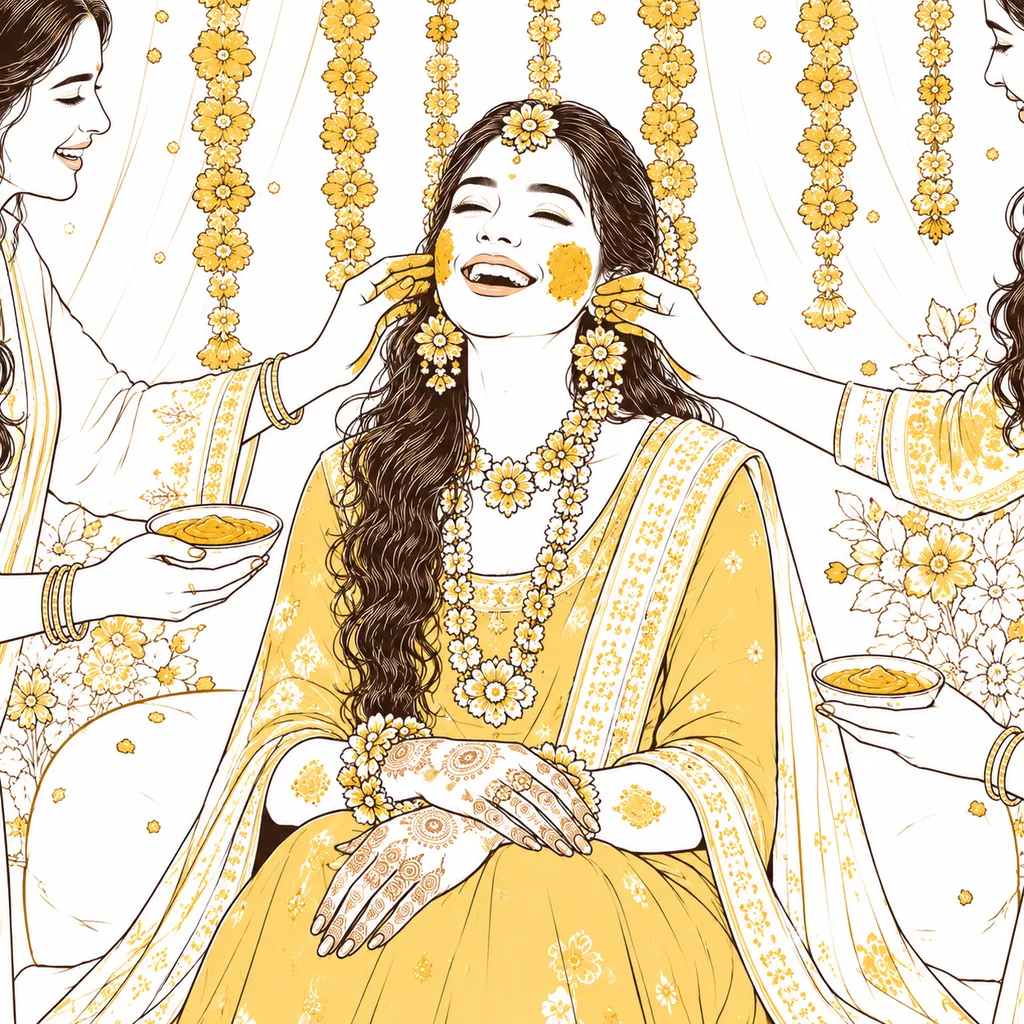 Looking Up Laugh: gaye holud pose illustration by ChitroKuthir Weddings