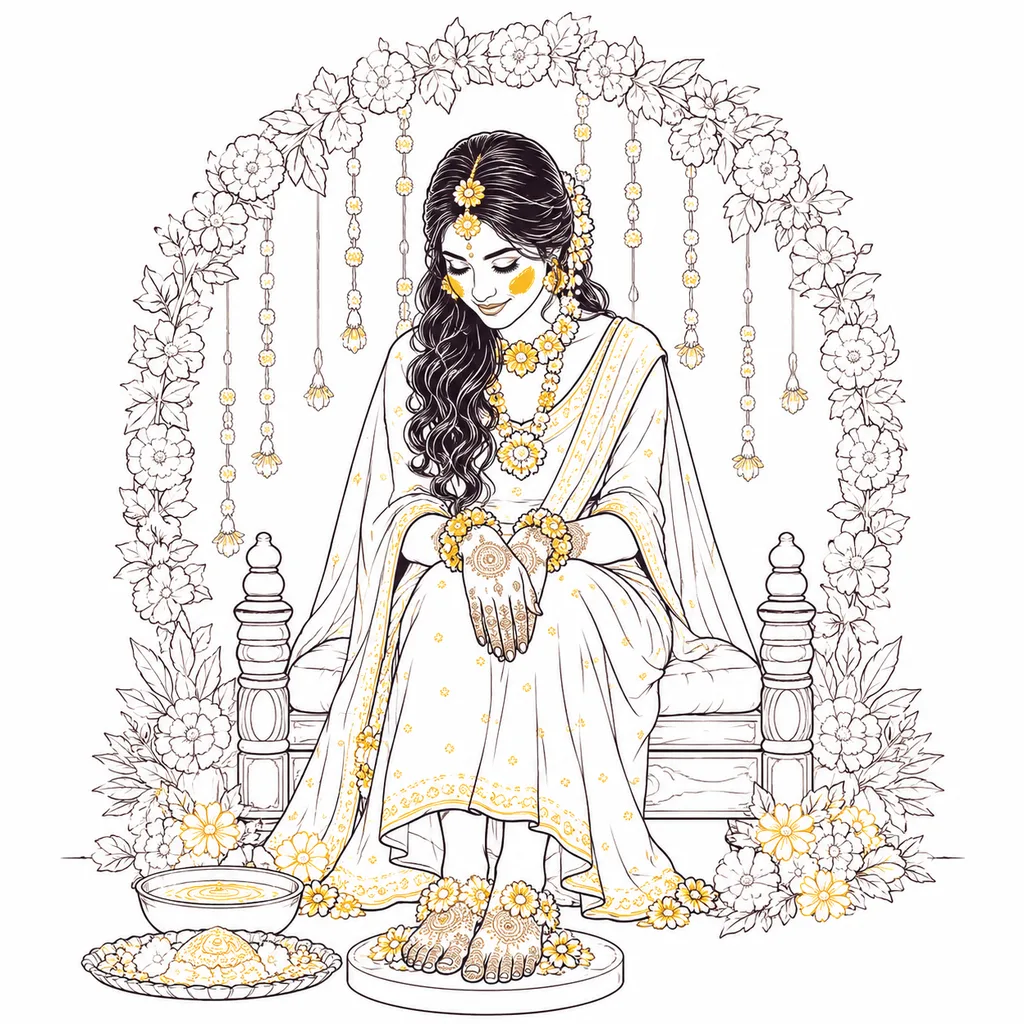 The Seated Classic: gaye holud pose illustration by ChitroKuthir Weddings