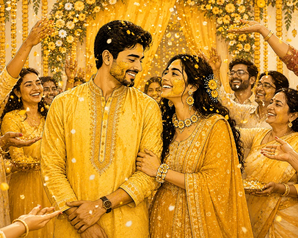 The Flower Throw: gaye holud pose illustration by ChitroKuthir Weddings