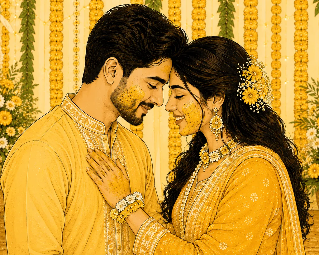 Forehead Touch in Yellow: gaye holud pose illustration by ChitroKuthir Weddings