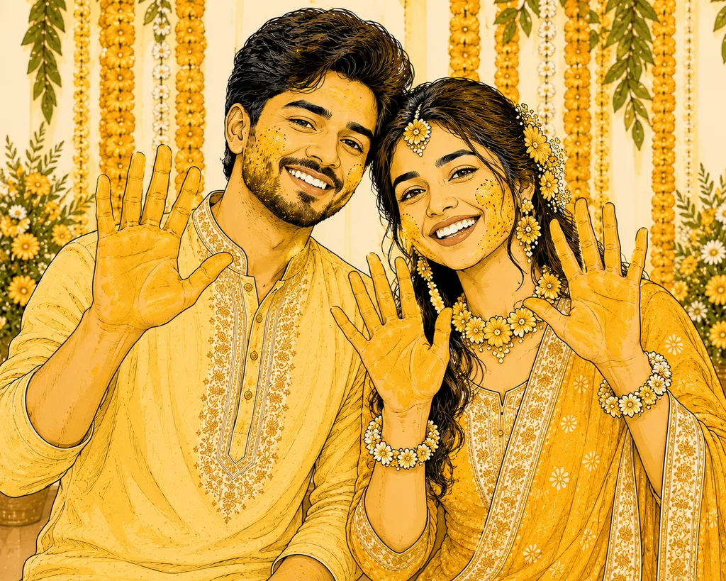 Holud Handprint: gaye holud pose illustration by ChitroKuthir Weddings