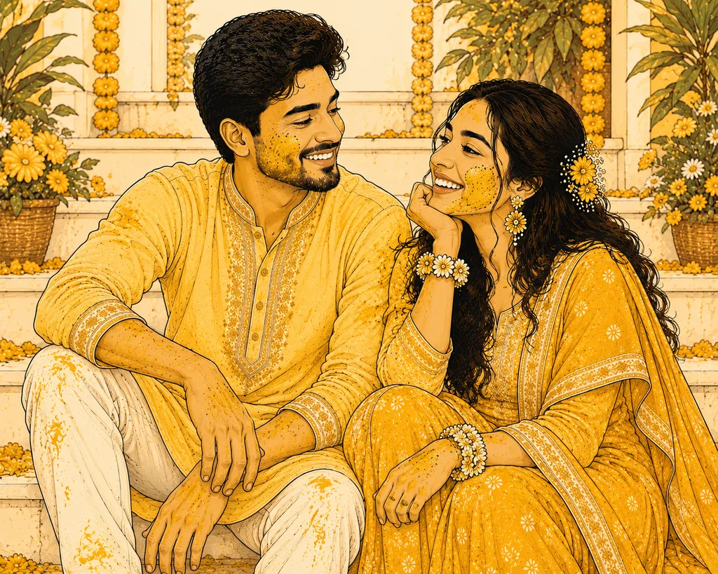 Sitting on Stairs: gaye holud pose illustration by ChitroKuthir Weddings