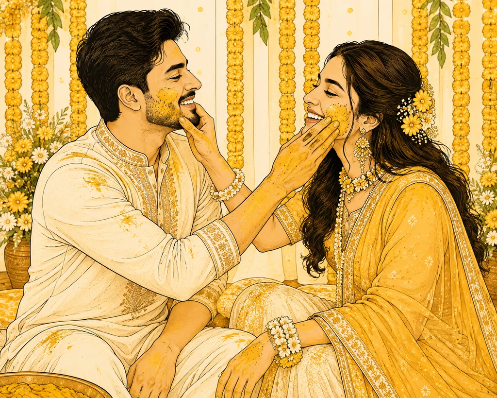 Turmeric Exchange: gaye holud pose illustration by ChitroKuthir Weddings