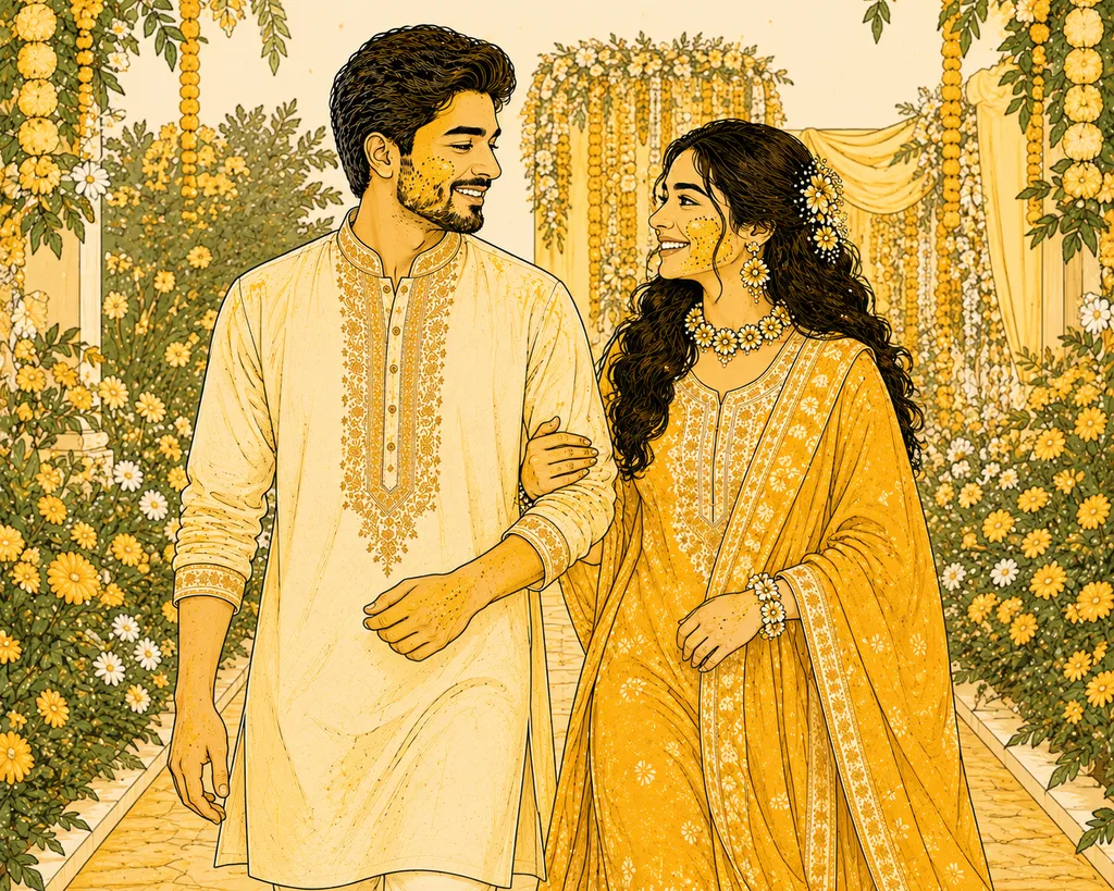 Walking in the Garden: gaye holud pose illustration by ChitroKuthir Weddings