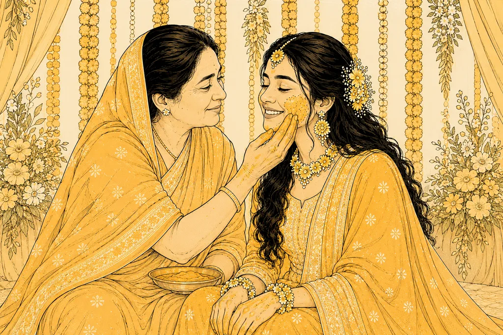 Mother Applying Holud: gaye holud pose illustration by ChitroKuthir Weddings