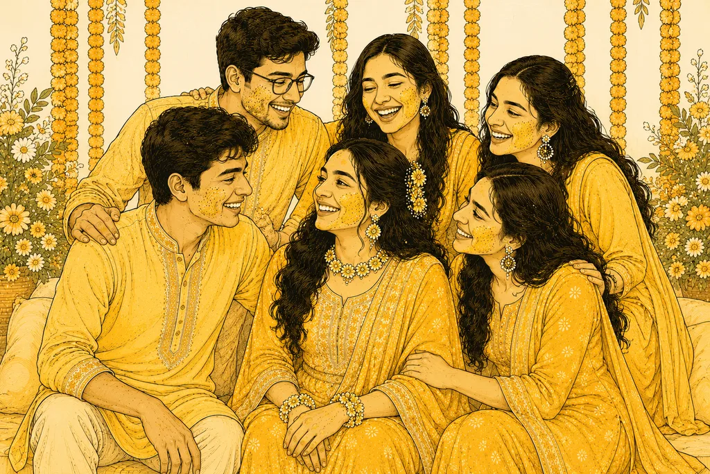 Sibling Group: gaye holud pose illustration by ChitroKuthir Weddings