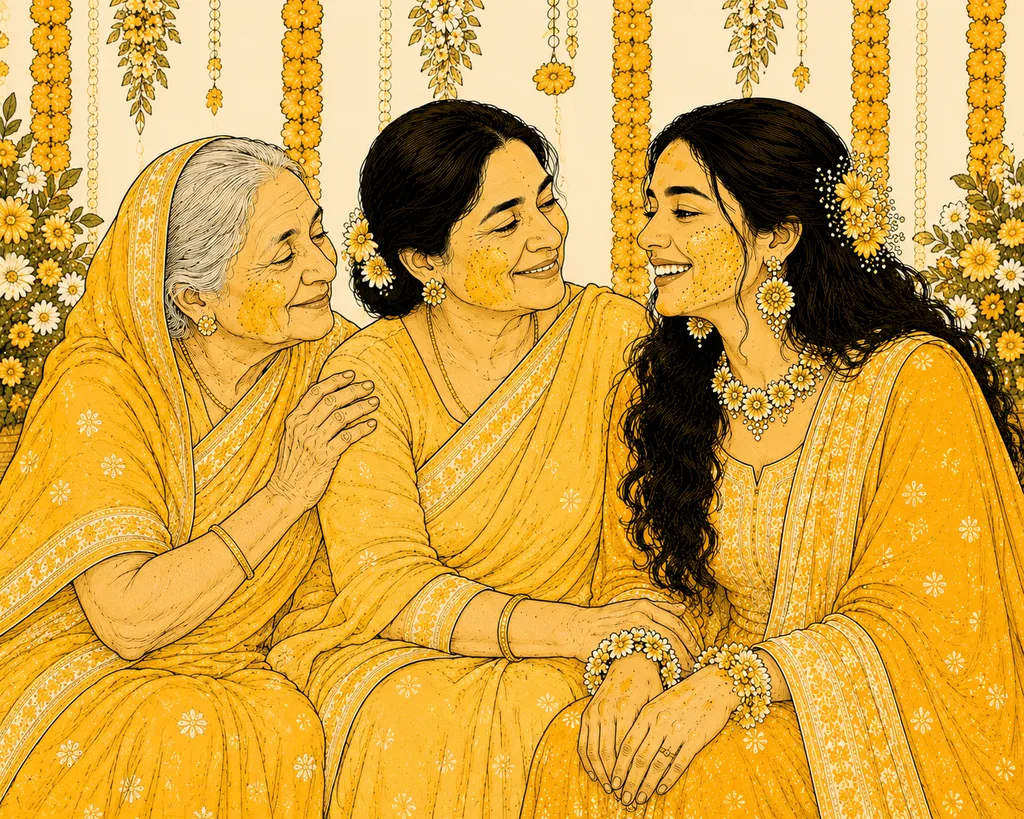 Three Generations: gaye holud pose illustration by ChitroKuthir Weddings