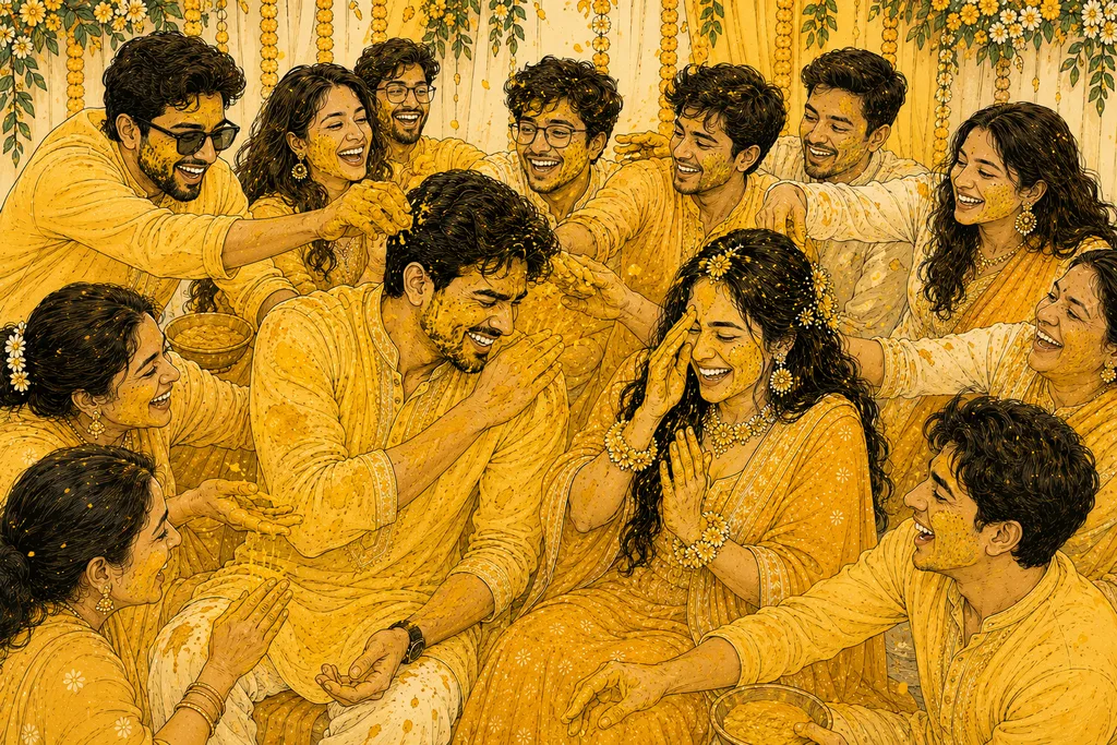 The Turmeric Fight: gaye holud pose illustration by ChitroKuthir Weddings
