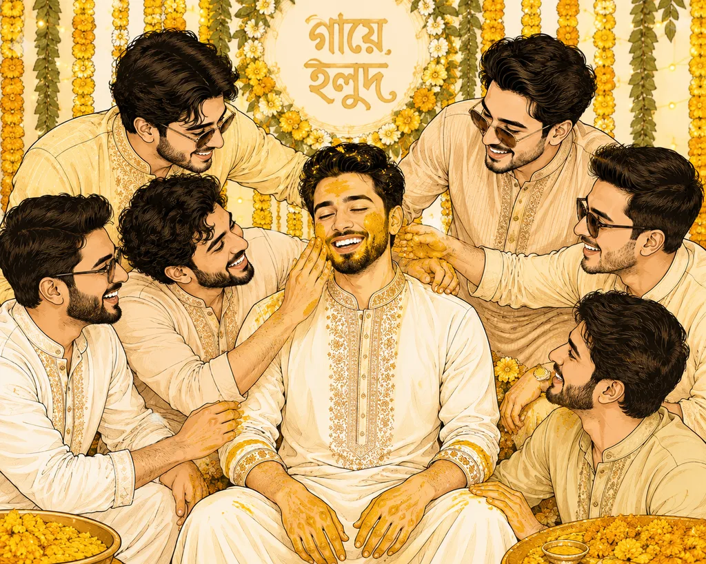 Brothers Surrounding: gaye holud pose illustration by ChitroKuthir Weddings