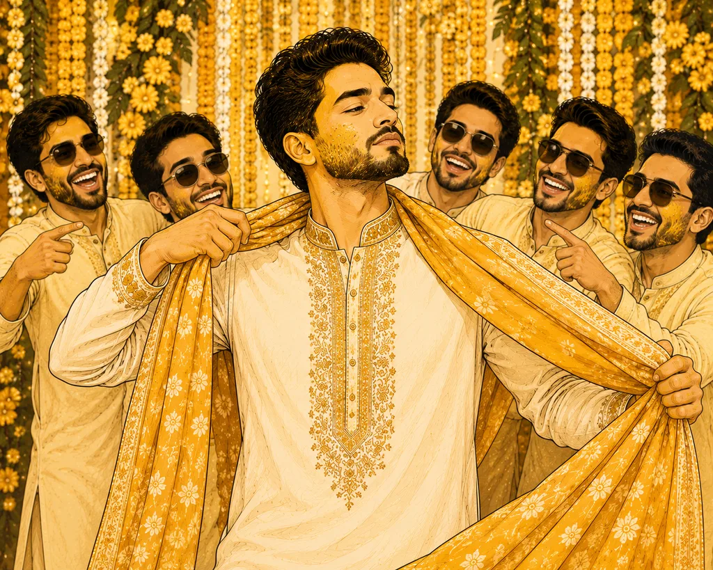 Shela Pose: gaye holud pose illustration by ChitroKuthir Weddings