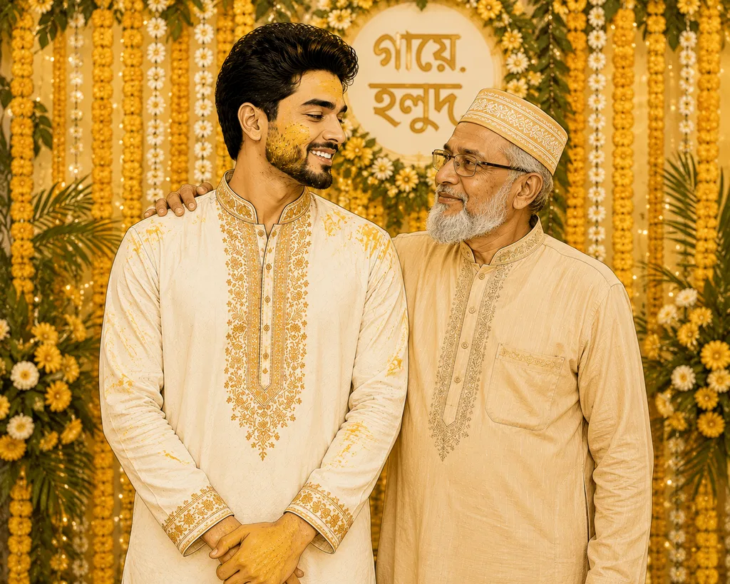 Standing with Elder: gaye holud pose illustration by ChitroKuthir Weddings