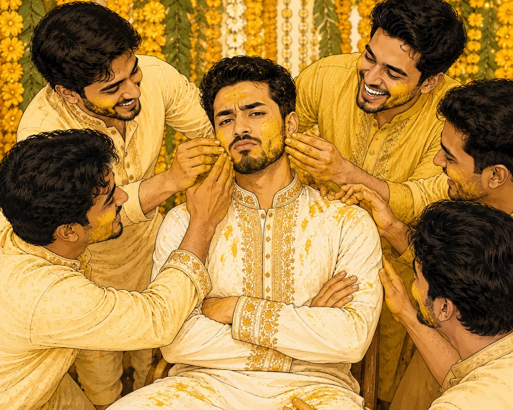 The Stern Tease: gaye holud pose illustration by ChitroKuthir Weddings