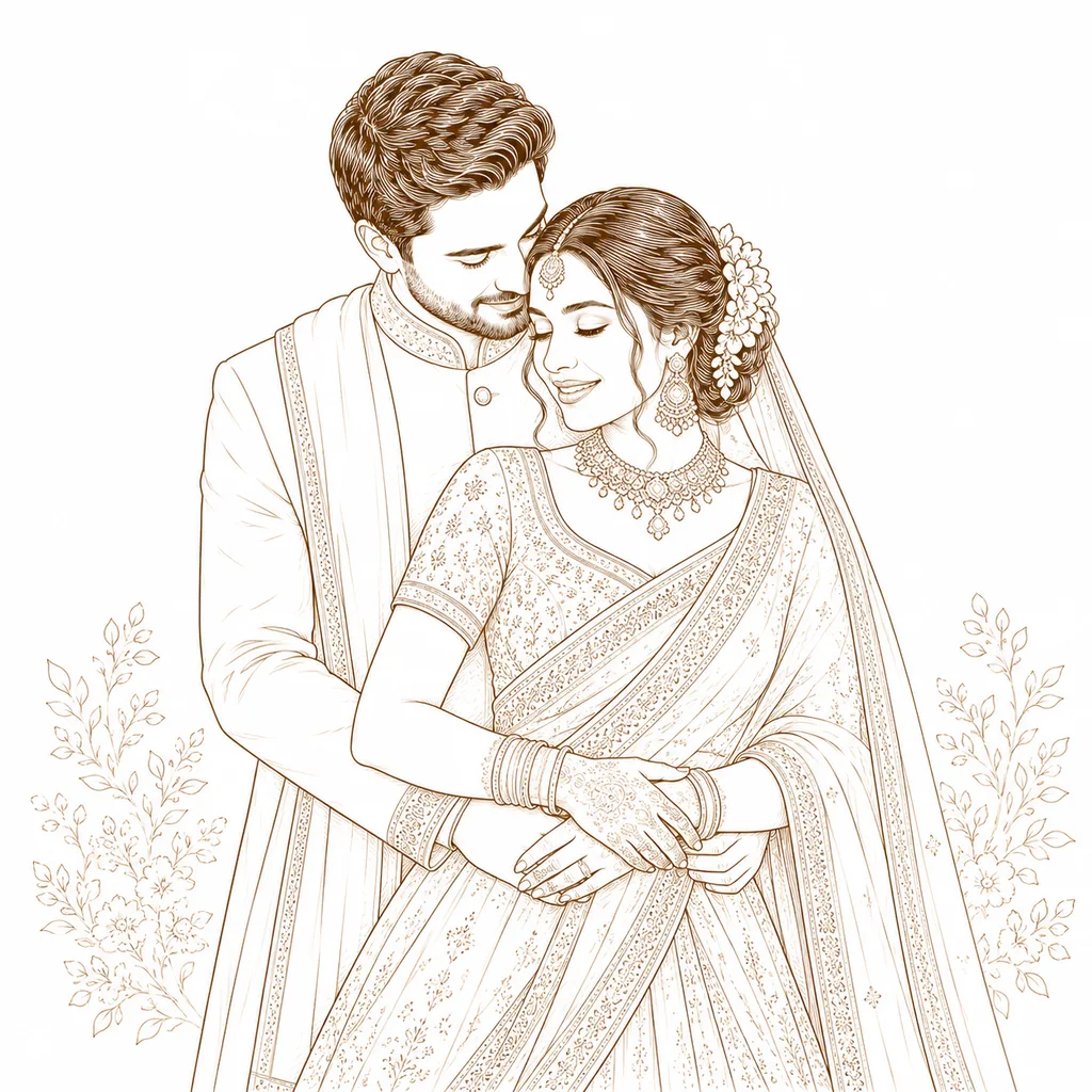 The Embrace from Behind: gaye holud pose illustration by ChitroKuthir Weddings