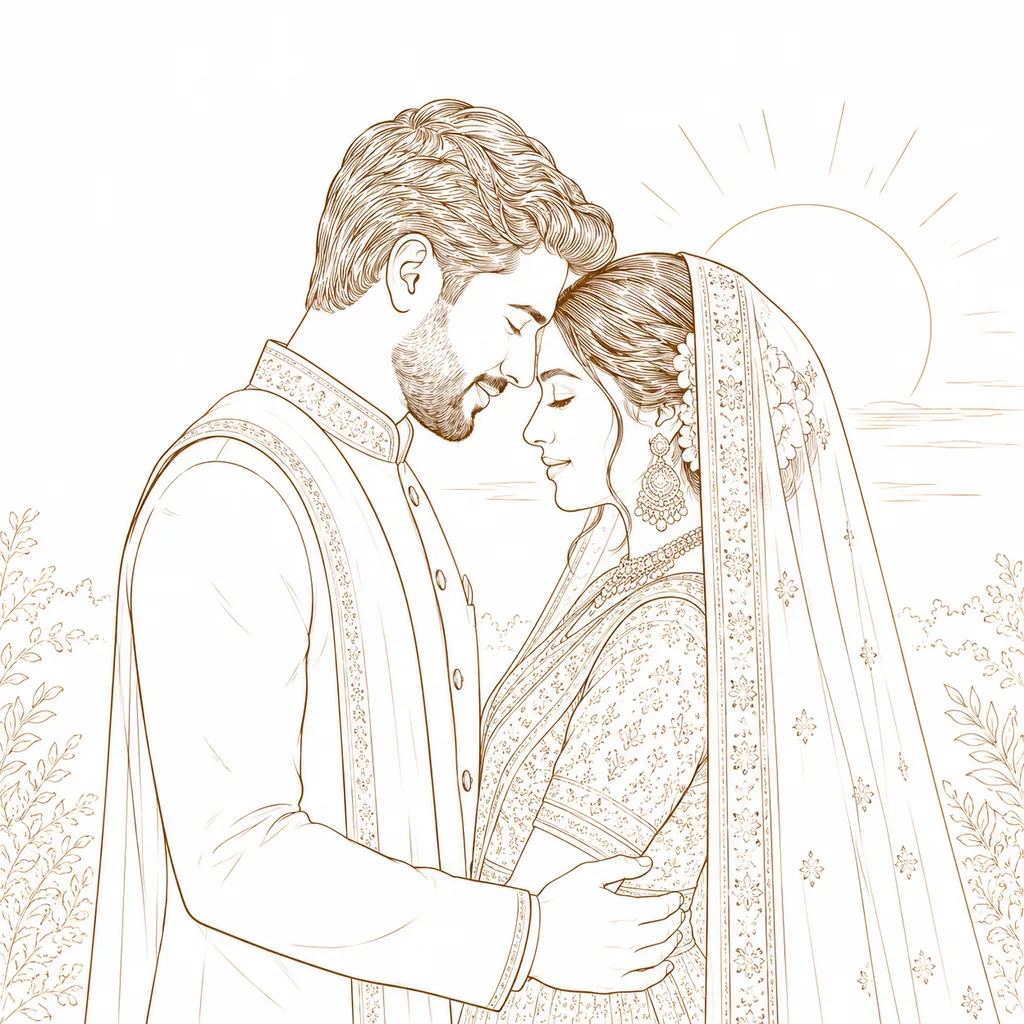 Forehead to Forehead: gaye holud pose illustration by ChitroKuthir Weddings