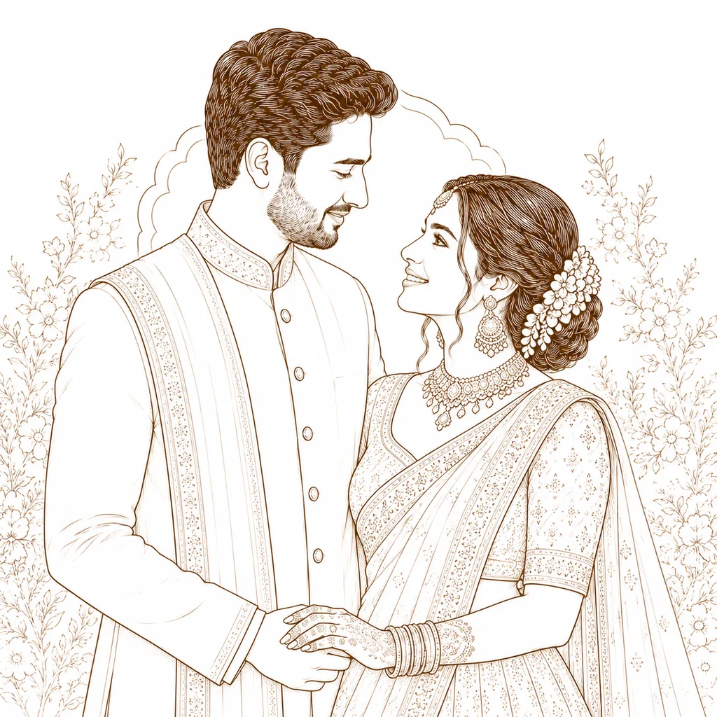 Looking at Each Other: gaye holud pose illustration by ChitroKuthir Weddings