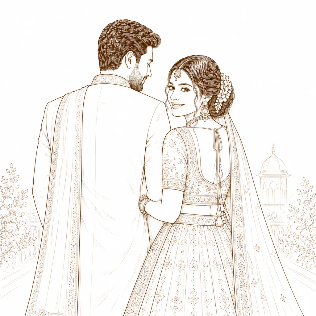 Over the Shoulder Look: gaye holud pose illustration by ChitroKuthir Weddings