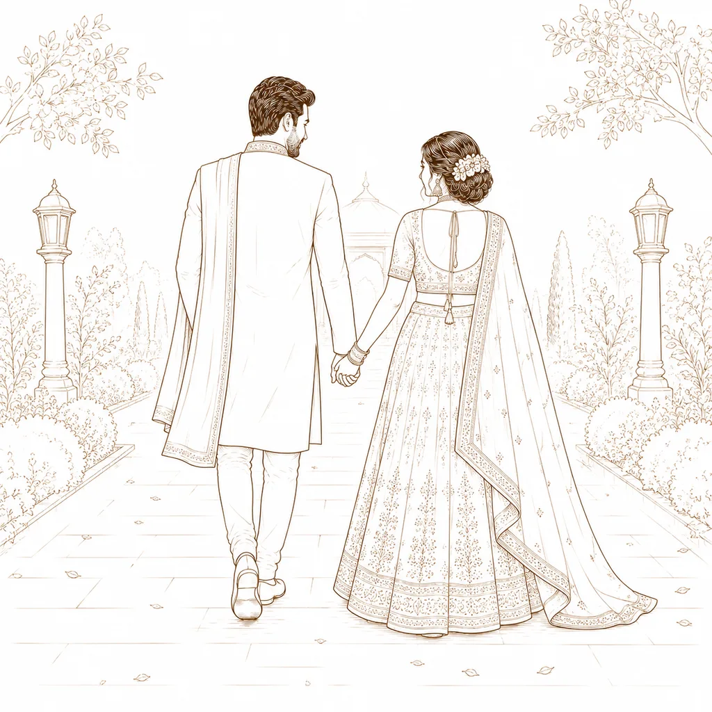 Hand in Hand Walk Away: gaye holud pose illustration by ChitroKuthir Weddings