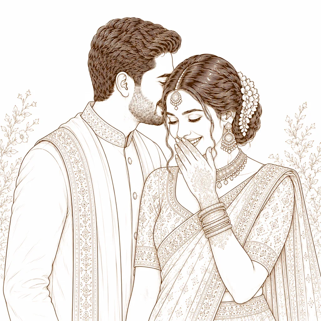 The Whisper: gaye holud pose illustration by ChitroKuthir Weddings
