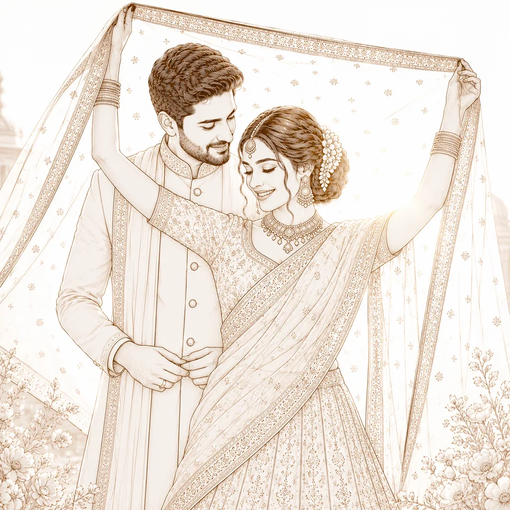 Dupatta Veil Shot: gaye holud pose illustration by ChitroKuthir Weddings