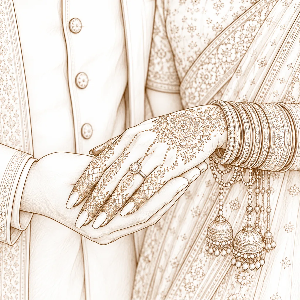 Hand Detail with Mehendi: gaye holud pose illustration by ChitroKuthir Weddings