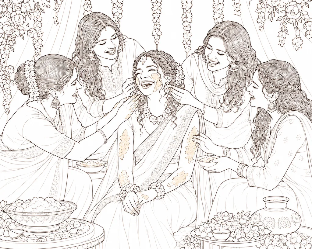 Bride Laughing: gaye holud pose illustration by ChitroKuthir Weddings