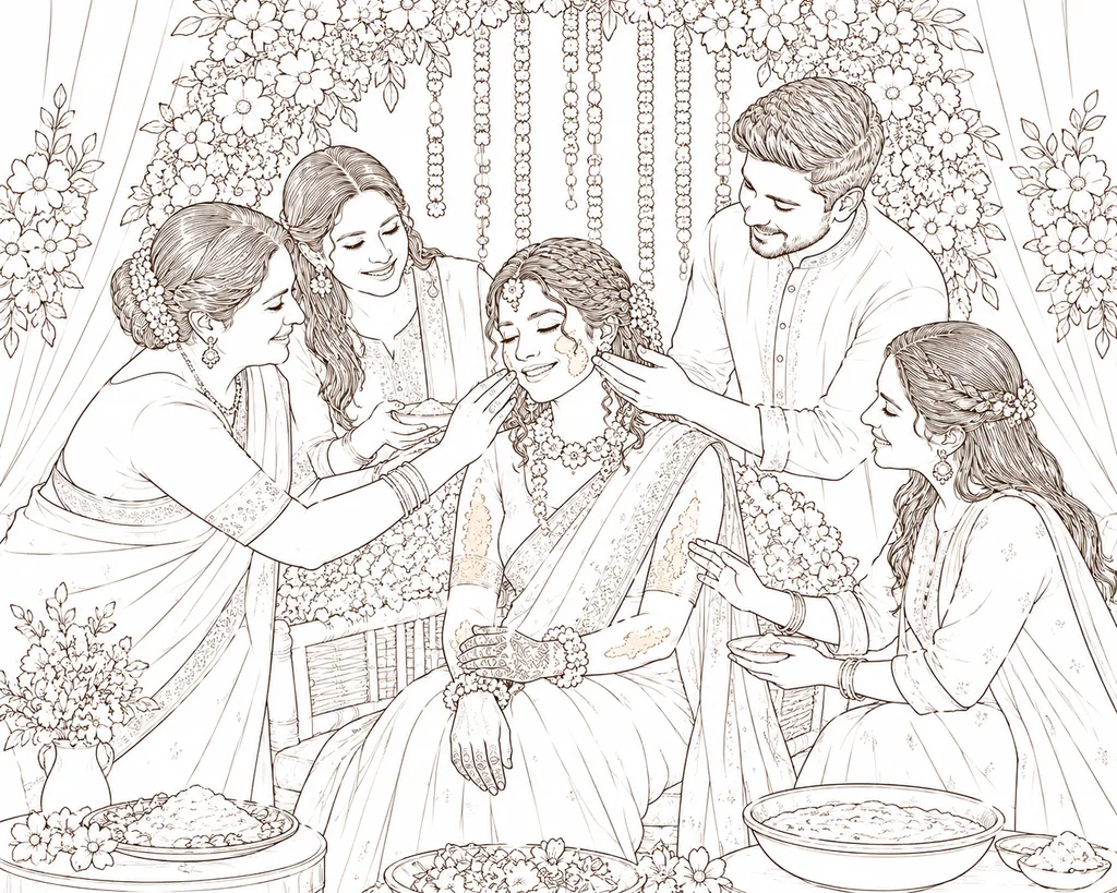 Bride Seated on Flower Chair: gaye holud pose illustration by ChitroKuthir Weddings