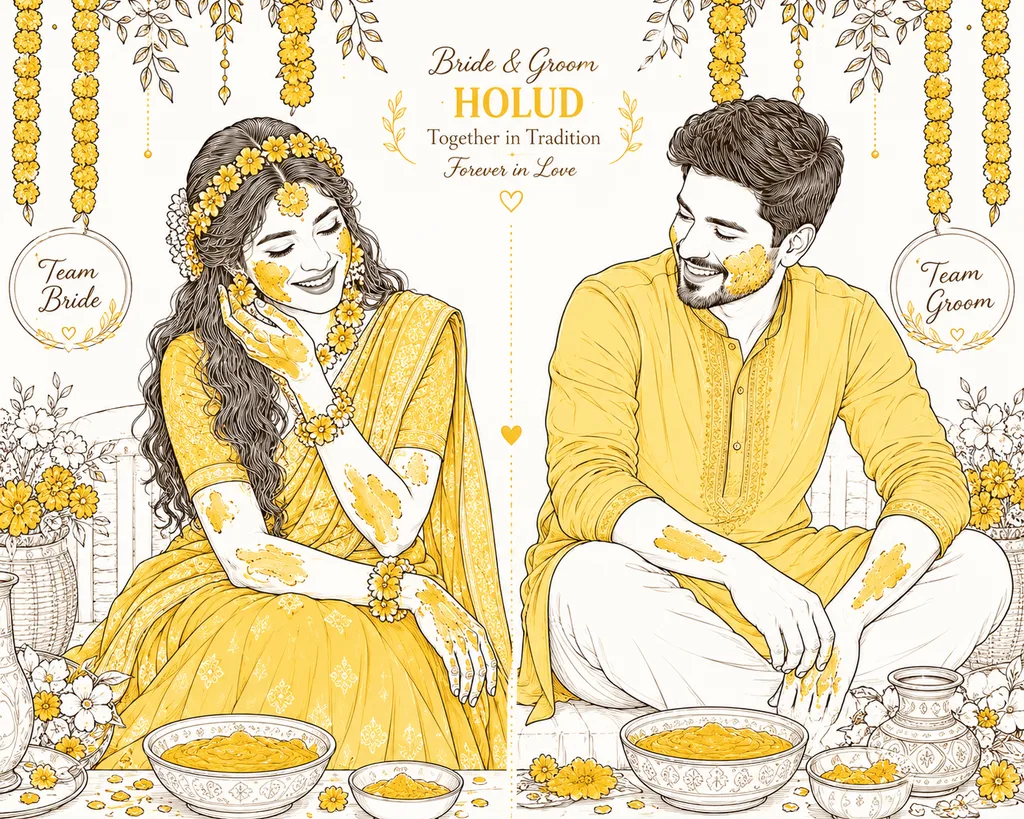 Bride and Groom Holud Comparison: gaye holud pose illustration by ChitroKuthir Weddings