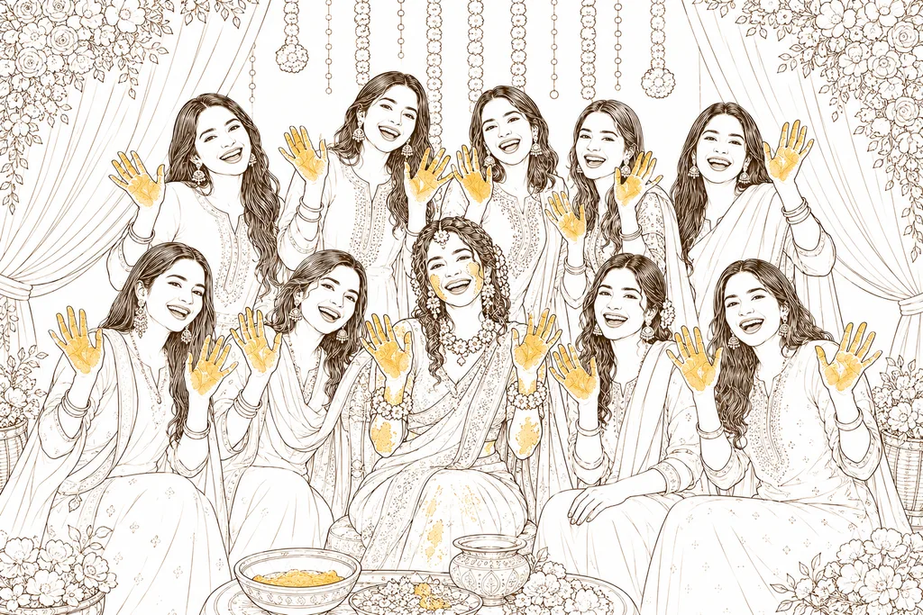 Group Pose: gaye holud pose illustration by ChitroKuthir Weddings