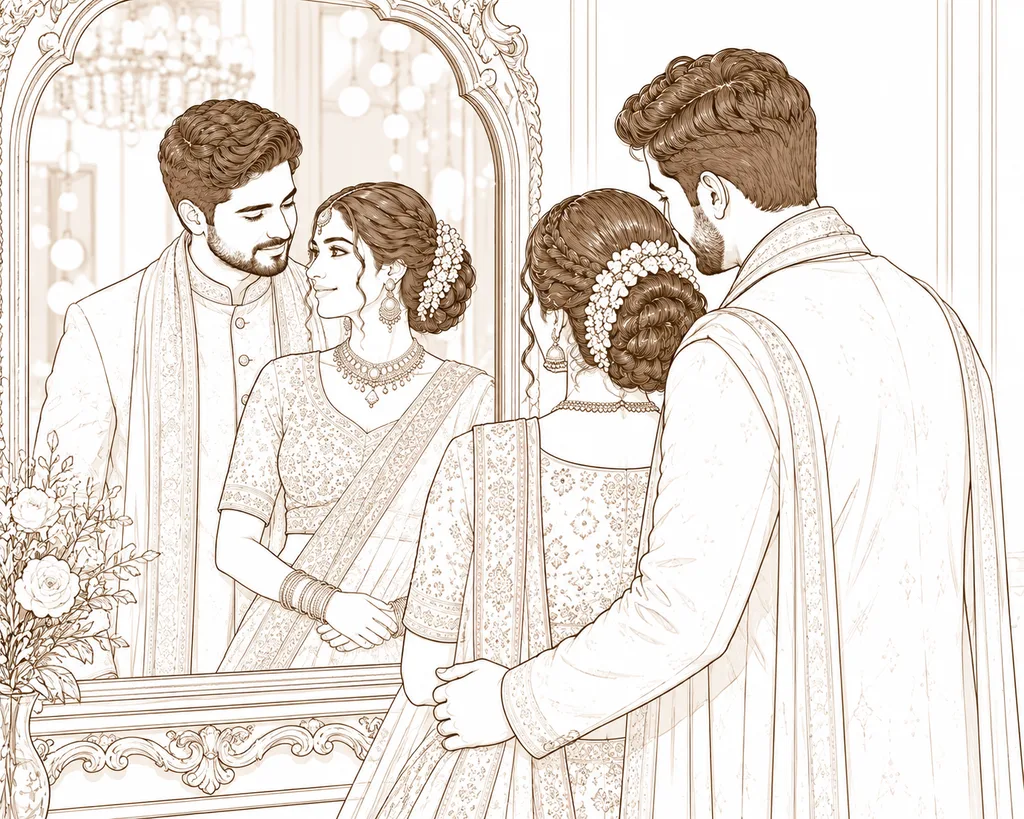 Mirror Reflection Shot: gaye holud pose illustration by ChitroKuthir Weddings