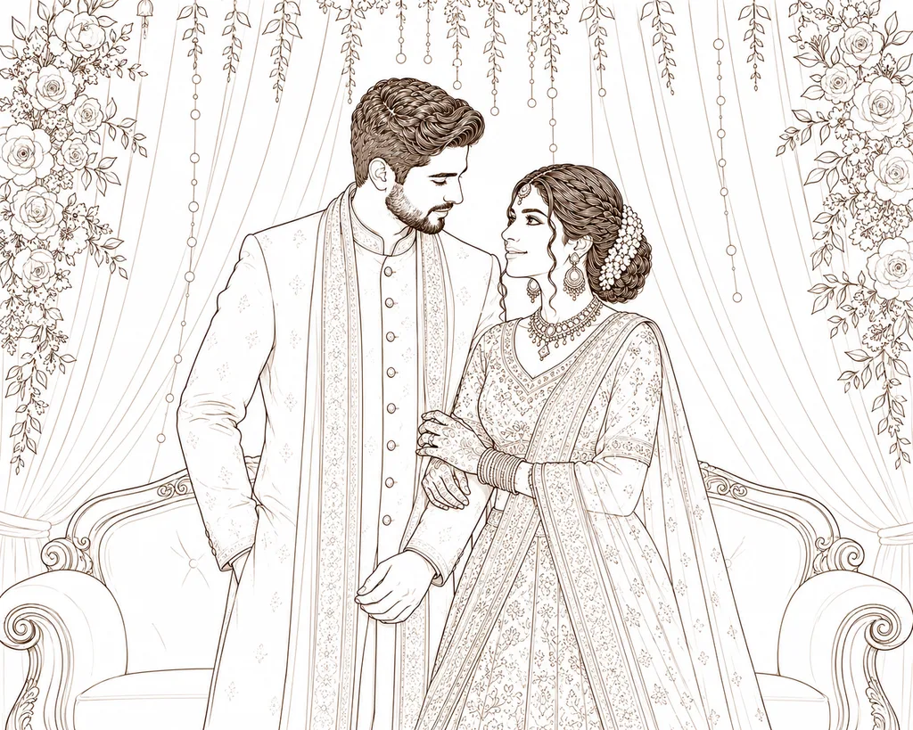 Stage Couple Portrait: gaye holud pose illustration by ChitroKuthir Weddings