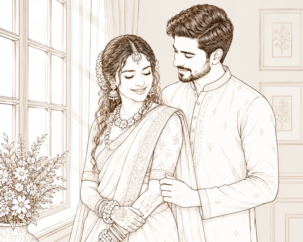 Window Light Portrait: gaye holud pose illustration by ChitroKuthir Weddings