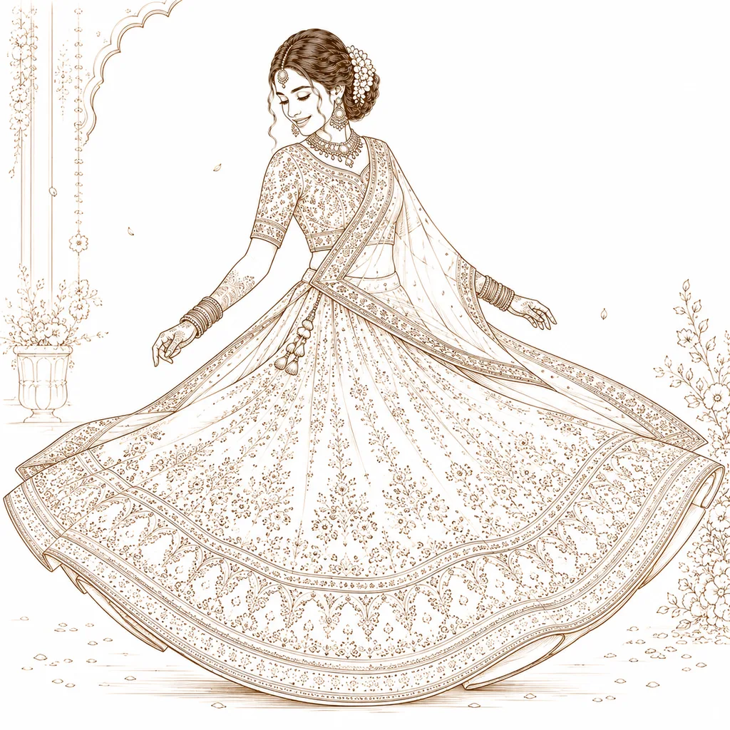 Lehenga Spin: gaye holud pose illustration by ChitroKuthir Weddings
