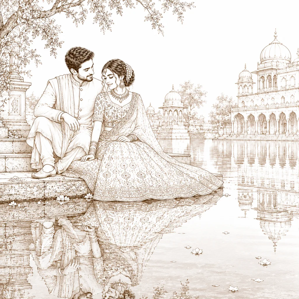 By the Water: gaye holud pose illustration by ChitroKuthir Weddings