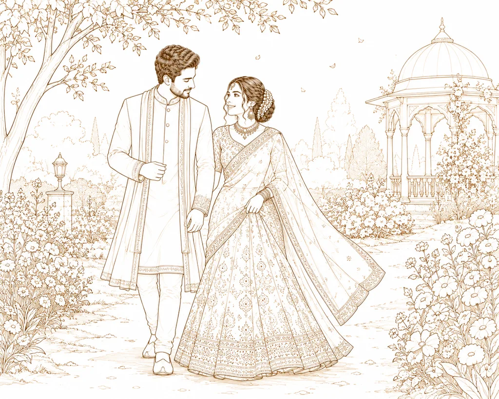 Field or Garden Walk: gaye holud pose illustration by ChitroKuthir Weddings