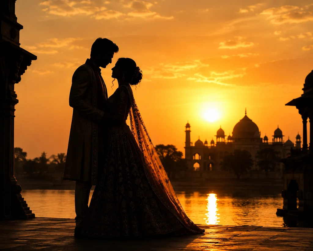 Golden Hour Silhouette: gaye holud pose illustration by ChitroKuthir Weddings