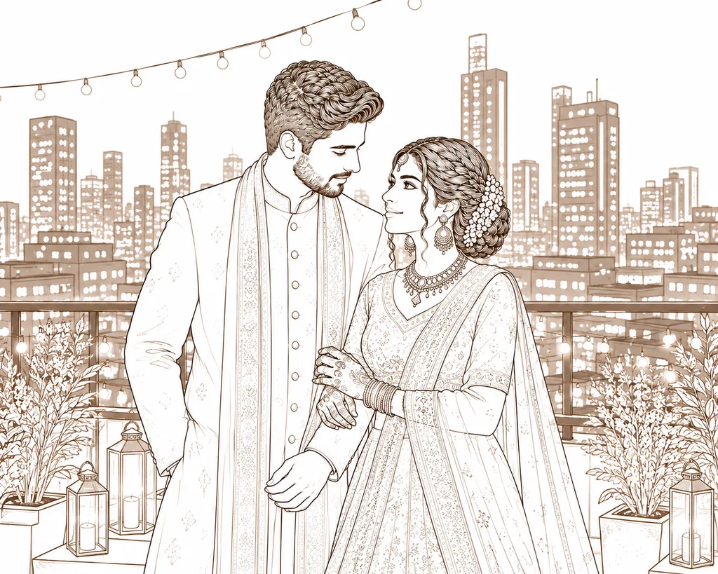 Rooftop City View: gaye holud pose illustration by ChitroKuthir Weddings
