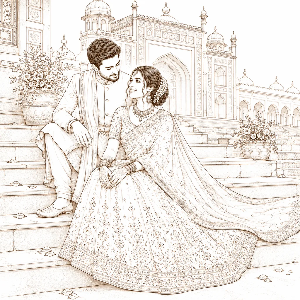 Sitting on Steps: gaye holud pose illustration by ChitroKuthir Weddings