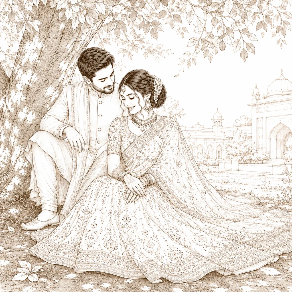 Under a Tree: gaye holud pose illustration by ChitroKuthir Weddings