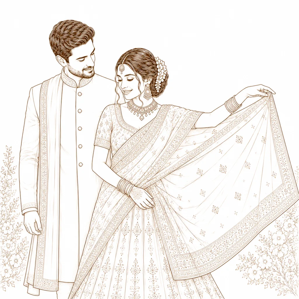 Saree Pallu Spread: gaye holud pose illustration by ChitroKuthir Weddings