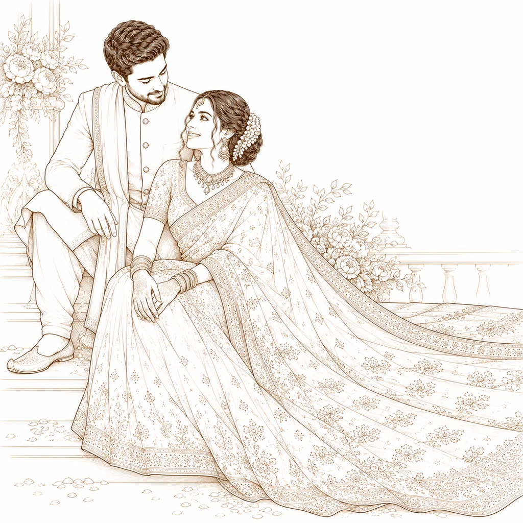 Saree Trail Shot: gaye holud pose illustration by ChitroKuthir Weddings