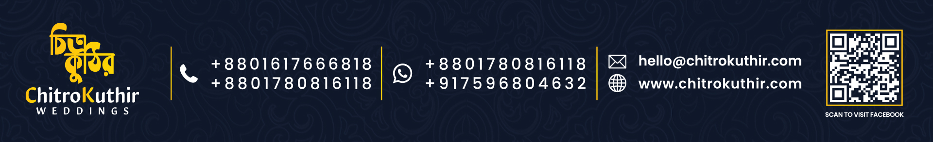 ChitroKuthir Weddings contact information banner with phone, WhatsApp, email and website